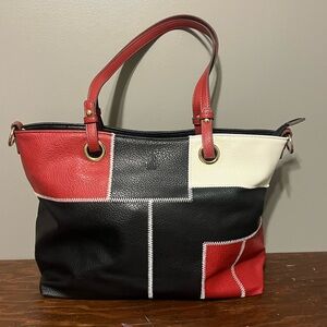 NEW D. Kelly Elegant Patchwork Tote in Red, Black, and White. Genuine Leather